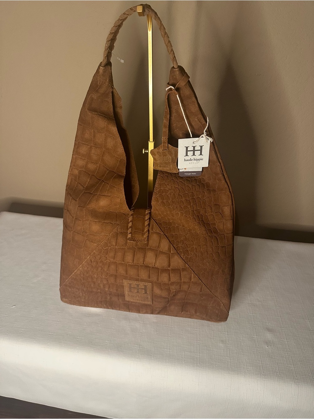 Haute Hippie Cognac Croc-Embossed Suede Hobo Bag NWT